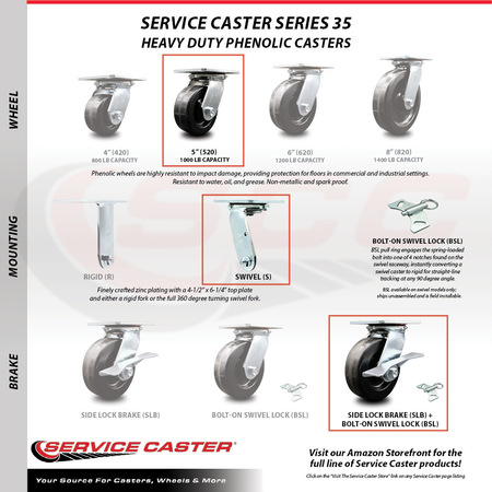 Service Caster 5 Inch Phenolic Caster Set with Ball Bearing and Brakes/Swivel Locks SCC SCC-35S520-PHB-SLB-BSL-4